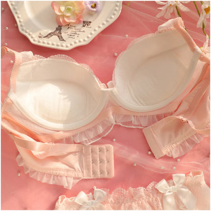 Embroidery thin section ruffled underwear girls sweet and lovely lingerie breifs sets three buckle gathered ladies bra set