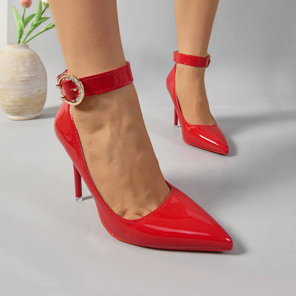 Aphixta Metal Belt Buckle Strap Pimp Red Black 10cm Stiletto Heels Pumps Women Party Shoes Rivets Pointed Toe Size 51 52 53
