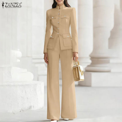 ZANZEA Women's Elegant Pant Suits Vintage Stand Collar Long Sleeve Top & Casual Pant 2 Pieces Sets Commuting Work Wear Outfits