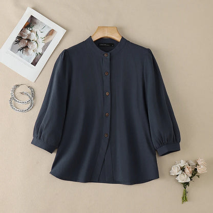 ZANZEA Women's Summer Cotton Shirts Minimalist Stand Collar 3/4 Puff Sleeve Button Up Tops Casual Loose Breathable Chemise Femme