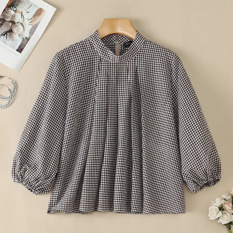 ZANZEA Vintage Gingham Pleated Blouses Woman Mock Neck 3/4 Lantern Sleeves Loose Tops 2026 Autumn Casual Daily Wear Blusas Mujer