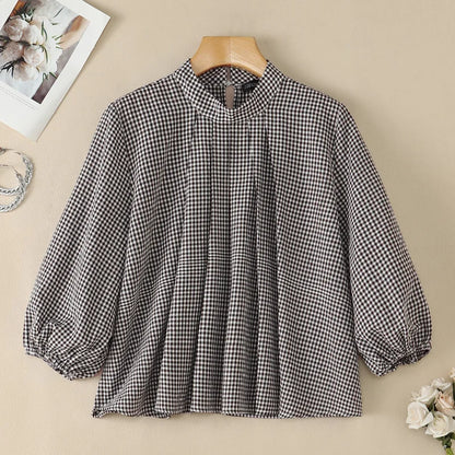 ZANZEA Vintage Gingham Pleated Blouses Woman Mock Neck 3/4 Lantern Sleeves Loose Tops 2026 Autumn Casual Daily Wear Blusas Mujer