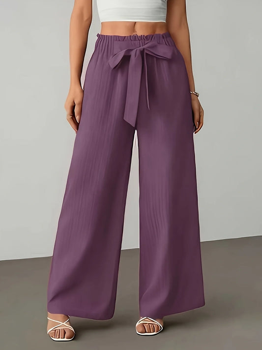 Purple Tie-Waist Wide-Leg Pants, Textured Crinkle Fabric, High-Waist Ruffle Edge Casual Trousers