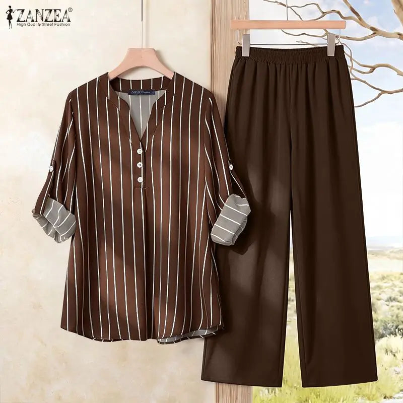 ZANZEA 2PCS Autumn Outfits Casual V Neck Long Sleeve Tops Pant Sets Women Striped OL Style Outfits Stylish 2 Pieces Sets Korean
