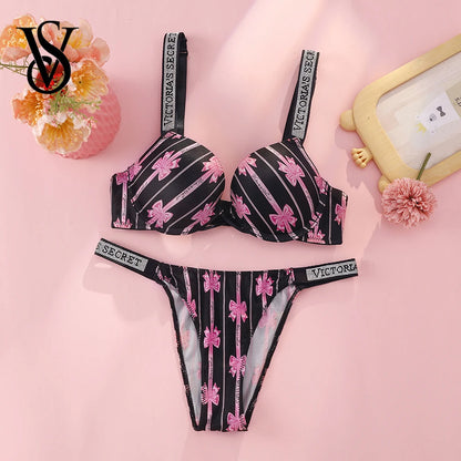 Victoria Secret Sexy Women Underwear Very Sexy Logo Shine Strap Tropical Floral Push Up Bra Shine Script Thong Panty