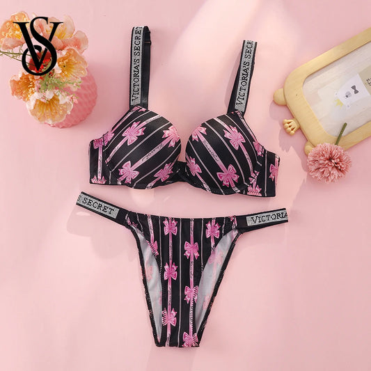 Victoria Secret Sexy Women Underwear Very Sexy Logo Shine Strap Tropical Floral Push Up Bra Shine Script Thong Panty