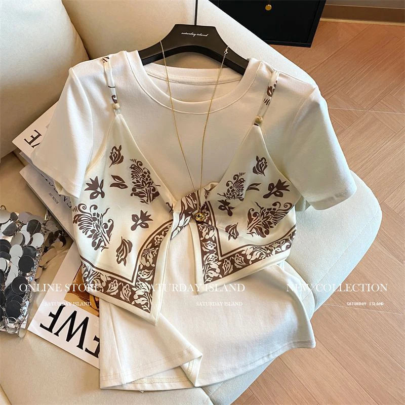 Summer Fake Two Piece Women O Neck Short Sleeve T Shirts Chic Silk Scarf Camisole Top Fashion All-match 2xl Oversized Clothing