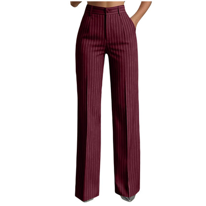 Women Striped Vintage Elastic Back Waist Suit Pants Draped Wide Leg Slacks Business Commute Casual Work Office Ladies Trousers