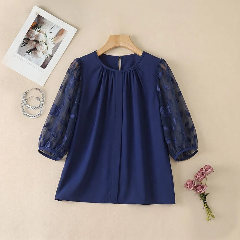 ZANZEA Sophisticated Elegant Floral Fil Coupe Patchwork 3/4 Sleeve Blouses Women Gathered O-Neck Top Solid Color Blusas de Mujer