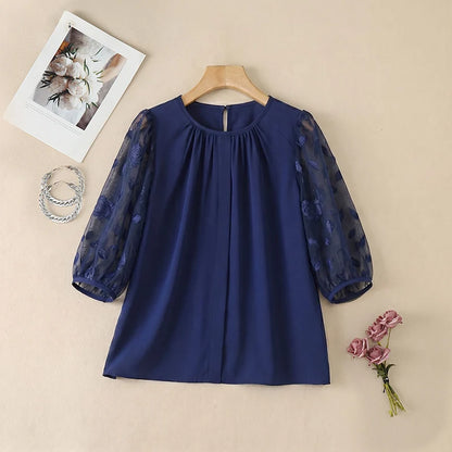 ZANZEA Sophisticated Elegant Floral Fil Coupe Patchwork 3/4 Sleeve Blouses Women Gathered O-Neck Top Solid Color Blusas de Mujer
