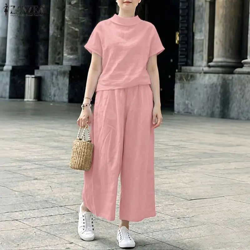 ZANZEA Women's Loose Pant Sets Collared Short Sleeve Tops & Wide Leg Pants 2 Pieces Suits Daily Casual Solid Color 2pcs Outfits
