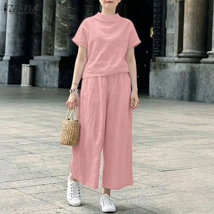 ZANZEA Women's Loose Pant Sets Collared Short Sleeve Tops & Wide Leg Pants 2 Pieces Suits Daily Casual Solid Color 2pcs Outfits