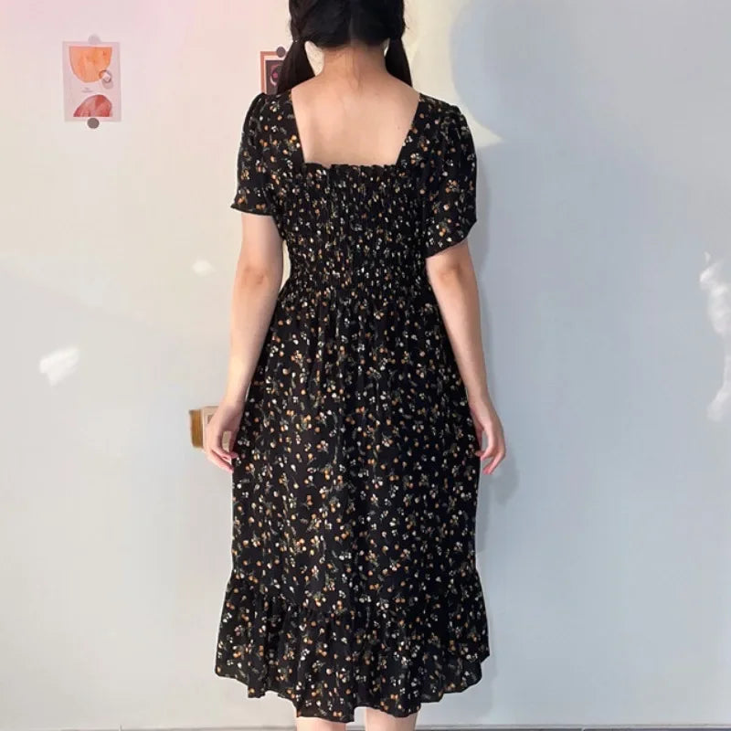 Spring Summer Elastic Waist Short Sleeve Chiffon Dress Women Casual Dresses Female Printed Floral Midi A-Line Dresses Vestidos