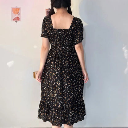 Spring Summer Elastic Waist Short Sleeve Chiffon Dress Women Casual Dresses Female Printed Floral Midi A-Line Dresses Vestidos