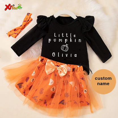 Halloween Outfit One Little Pumpkin Name My First Halloween Baby Girl 1st Ruffle Long Sleeve Romper Tutu Skirt Set Party Costume