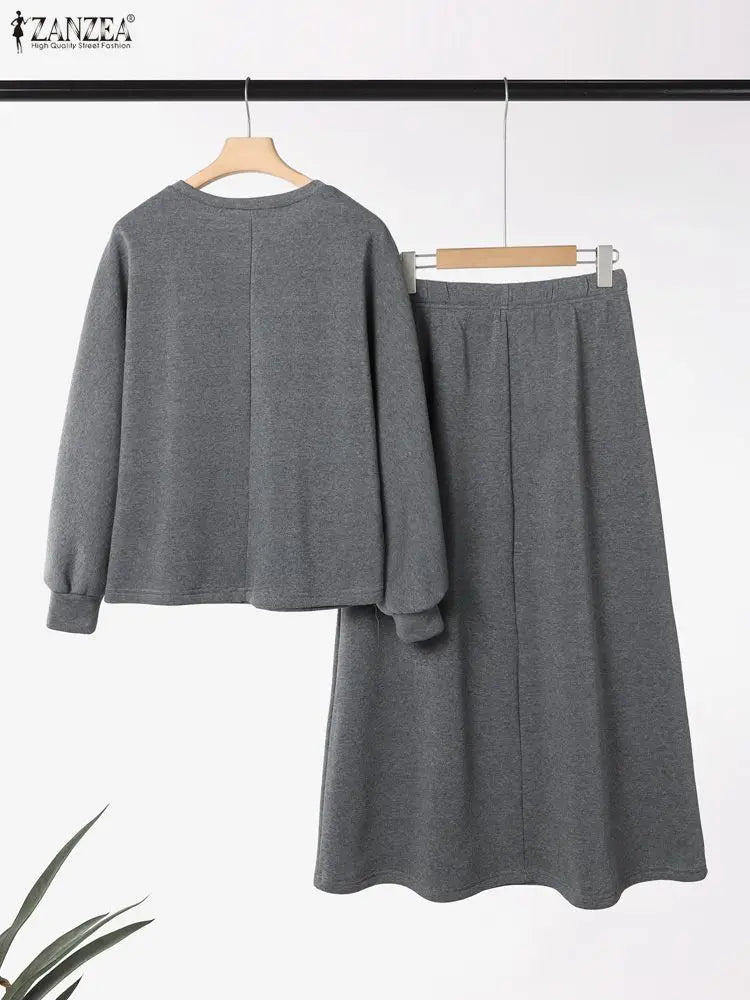 ZANZEA Women Autumn Pullover Sweatshirt and Elastic Waist A-Line Midi Skirt 2 Pieces Dress Sets Cozy Casual Solid Suits Outfits