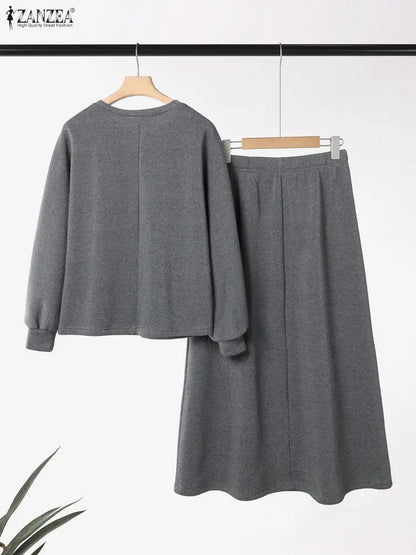 ZANZEA Women Autumn Pullover Sweatshirt and Elastic Waist A-Line Midi Skirt 2 Pieces Dress Sets Cozy Casual Solid Suits Outfits