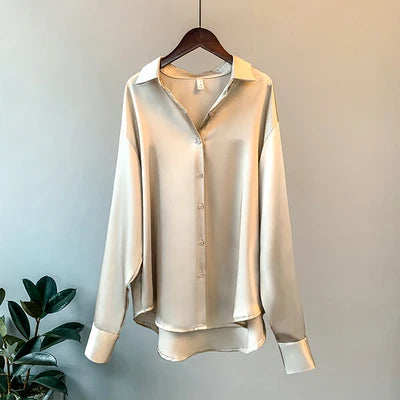 Gadinus Women Solid Color Long Sleeve Button Up Shirt Loose Fit Curved Hem Casual Blouse Top