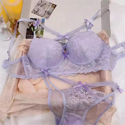 MOYISU Kawaii Heart Bra Set, Purple Lace Lingerie Sexy Pure Design, Push Up Bralette Sml Boobs Fashion Outerwear Statement Piece