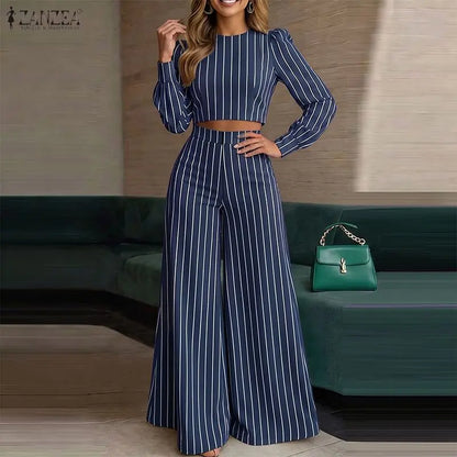 ZANZEA Autumn 2PCS Outfits Striped Work Pant Sets Stylish Women O Neck Long Sleeve Cropped Tops Wide Leg Trousers Matching Sets