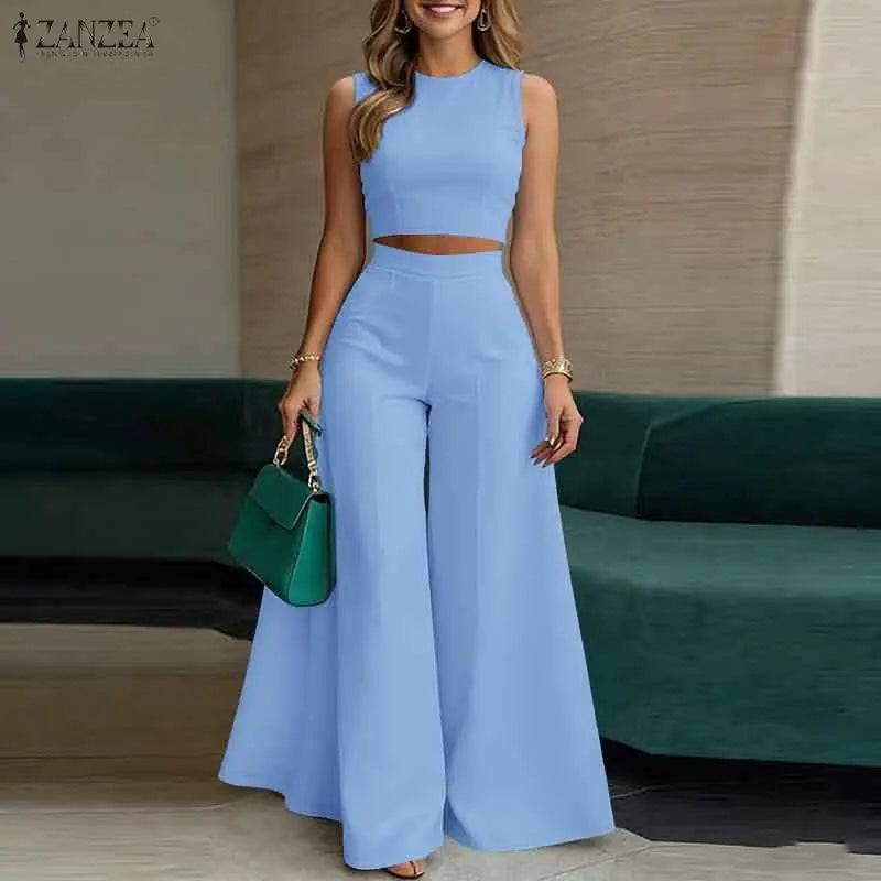 ZANZEA Elegant Women's Loose Pant Suits Wide Leg Pant & Sleeveless Crop Top 2 Pieces Sets Summer Fashion Solid Color Outfits