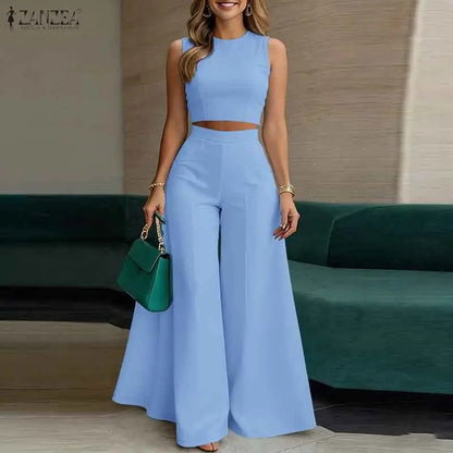 ZANZEA Elegant Women's Loose Pant Suits Wide Leg Pant & Sleeveless Crop Top 2 Pieces Sets Summer Fashion Solid Color Outfits
