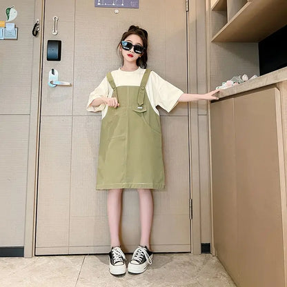 Simple and Minimalist Korean-style Casual Loose Dress for Students Suit Girls White Girl Children Clothes Girls' Princess Farm
