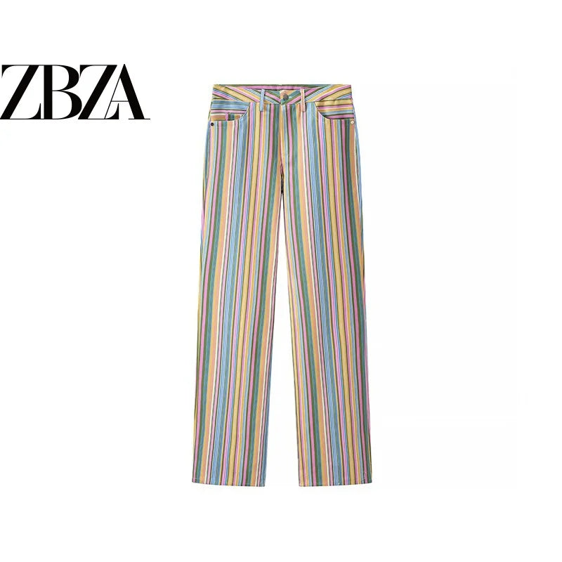 ZBZA Women's Commuter Style Color Block Stripe Jeans Casual Straight Leg Pants Fashionable Personality Unique Design Polyeste...