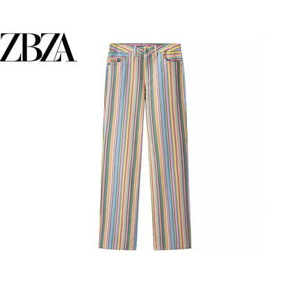 ZBZA Women's Commuter Style Color Block Stripe Jeans Casual Straight Leg Pants Fashionable Personality Unique Design Polyeste...
