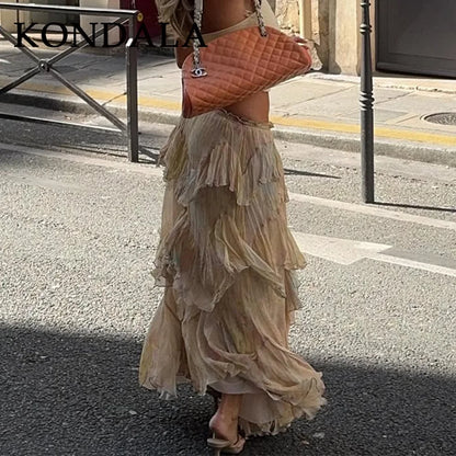 KONDALA 2026 Spring Summer Casual Women Print Skirts Fashion Elegant Tierred A Line Beach Style Chic Ladies Long Skirts