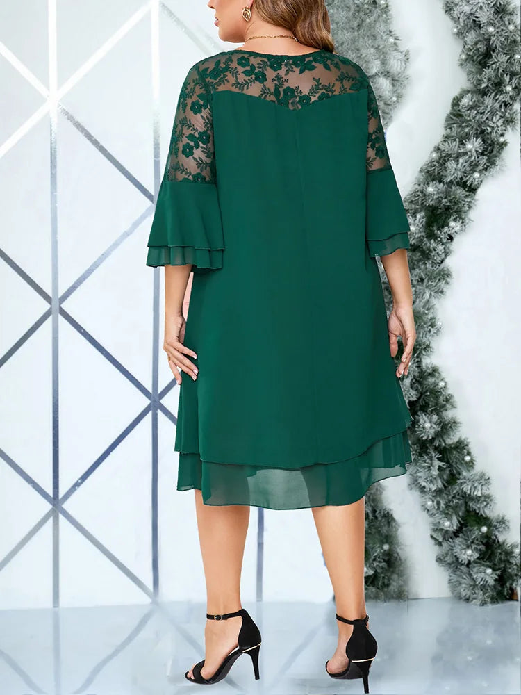 GIBSIE Plus Size Elegant Embroidered Mesh Patchwork Chiffon Dress Women Spring Summer O-Neck Flared Sleeve Layered Midi Dresses