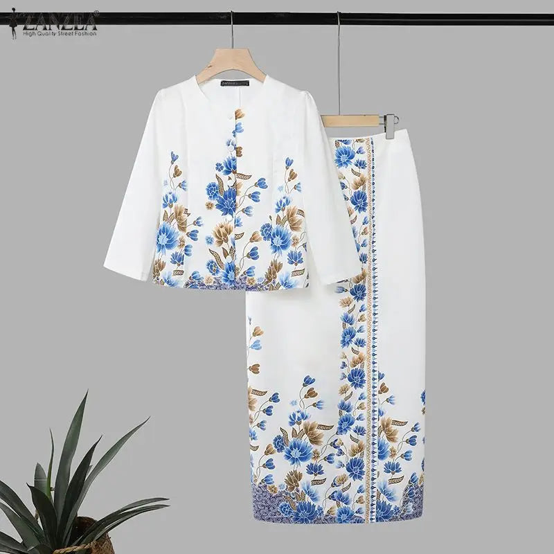 ZANZEA Autumn Outfits Dress Sets Floral Print Elegant 3/4 Sleeve Buttons Up Tops With A Line Skirt Two Piece Sets Oversize