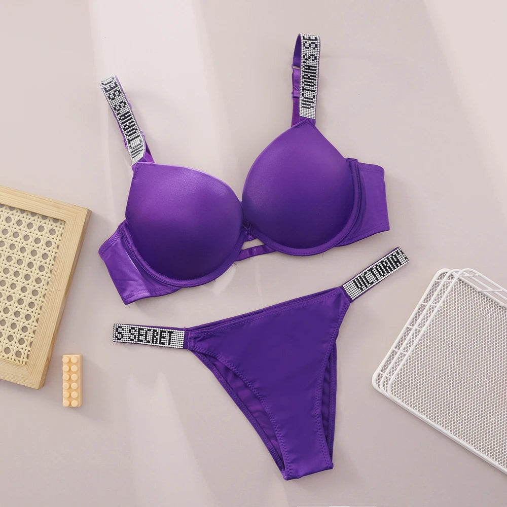 Victoria Secret Sexy Women Underwear Very Sexy Logo Shine Strap Push Up Bra Shine Script Thong Panty Set Hot
