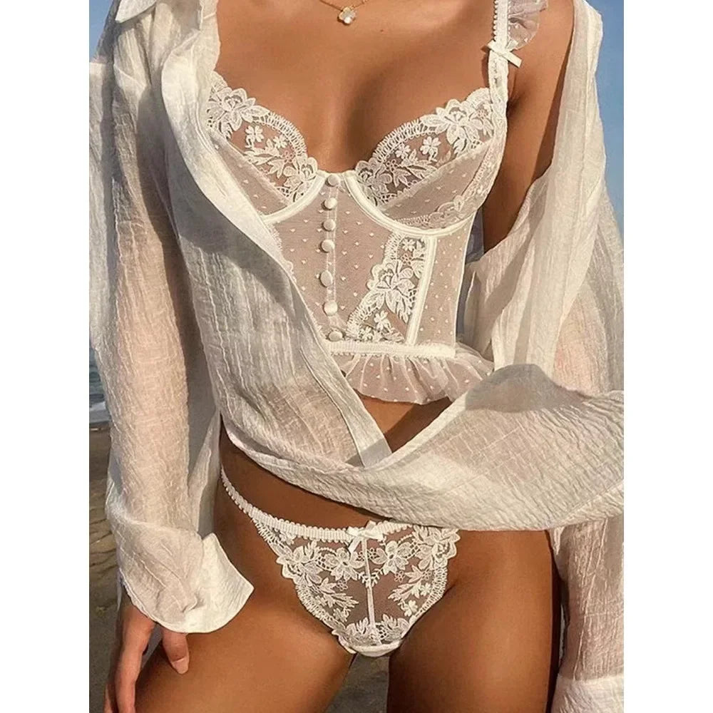 Hot Sale French Sexy Lingerie Set for Women Ultra Thin See Through Bra Panty Set Embroidery Lace Shaping Camisole Underwear Set