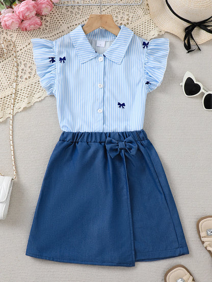 Girls' Preppy Style 2-Piece Set with Fashionable Bow-Tie Striped Shirt And Pantsuit Suitable for Daily Commute