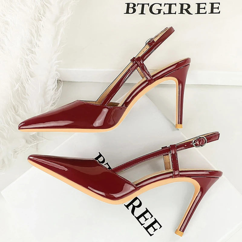 BIGTREE Shoes Fashion High Heels Patent Leather Women Pumps Rear Empty Rear Strap High Heeled Sandals Summer Shoes Stiletto 9 cm