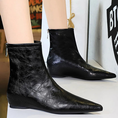 Retro Women's Boots Low Heeled Ankle Boots With Wedges Heels Women Shoes Rear Zipper Ladies' Leather Boots Pointed Short Boots