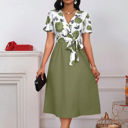 Women's Floral Print V-Neck Tie Waist Midi Dress - Rose Patchwork A-Line Short Sleeve Dress for Casual, Vacation & Wedding Guest