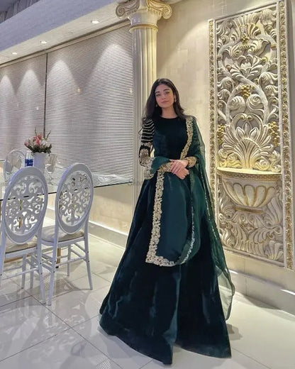 Customized Anarkali Kurti Hunter Green Velvet Prom Dresses with Warp Muslim Long Sleeve Lace Shaadisaga Caftan Kaftan Arabic