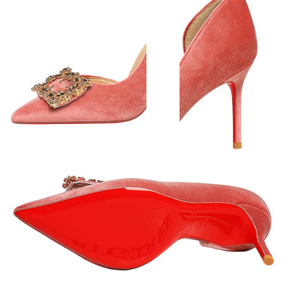 BIGTREE Shoes Rhinestone Women Pumps Metal Square Buckle High Heels Suede Side Empty Ladies Shoes Stiletto Heels 10 cm 7.5 cm
