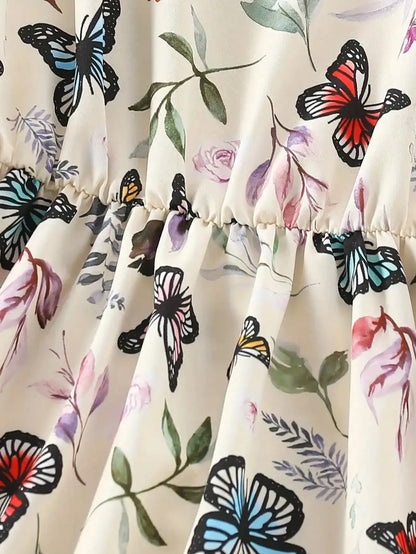 2026 casual and elegant girls' elegant butterfly print sleeveless dress - V-neck, long, perfect choice for summer