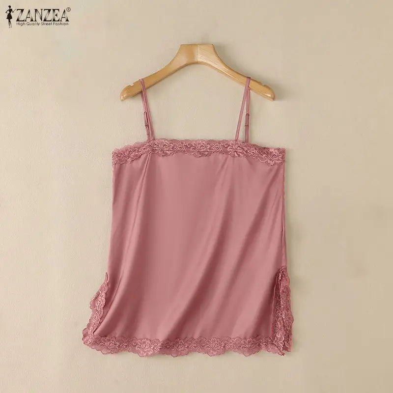 ZANZEA Woman Elegant Spaghetti Straps Satin Tank Top Lace Trim Square Neck Slit Hem Sleeveless Tops Summer Date Night Blouses
