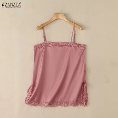 ZANZEA Woman Elegant Spaghetti Straps Satin Tank Top Lace Trim Square Neck Slit Hem Sleeveless Tops Summer Date Night Blouses