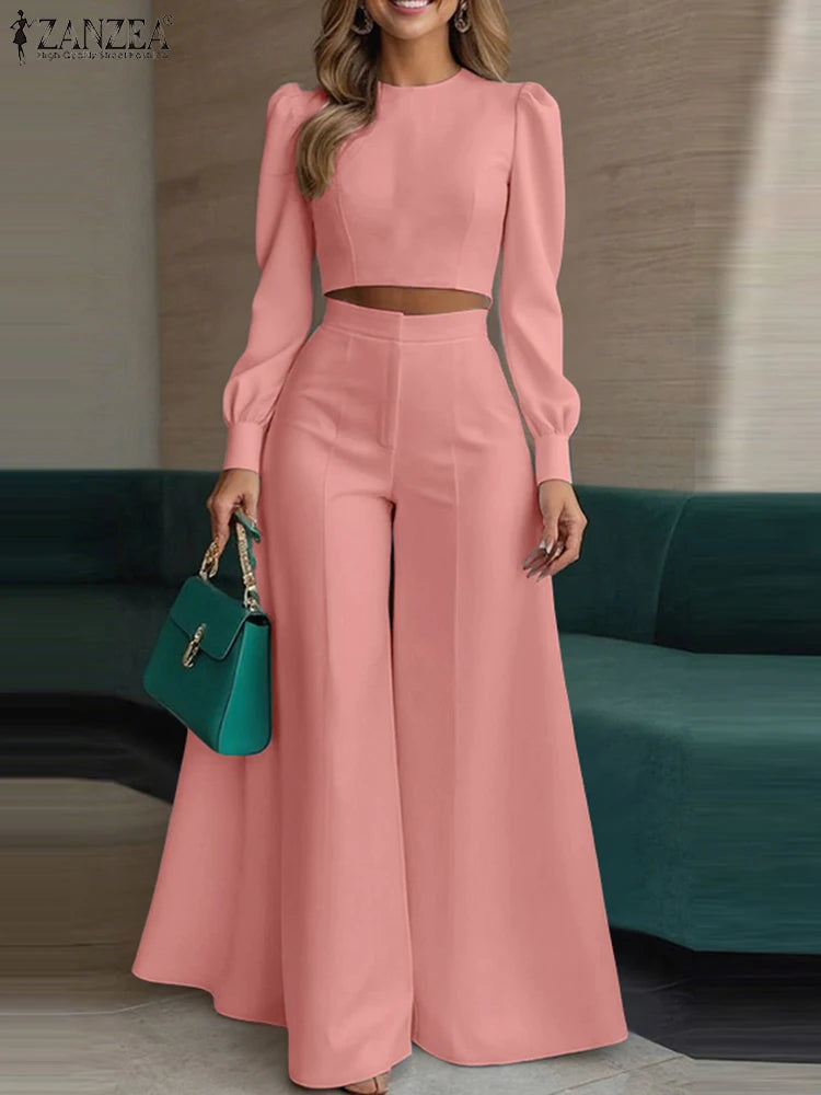 ZANZEA Women's Pant Sets 2 Piece Elegant Chic Short Crop Tops & Wide Leg Pants Two Piece Outfits Trouser Suits Woman Clothes 3XL