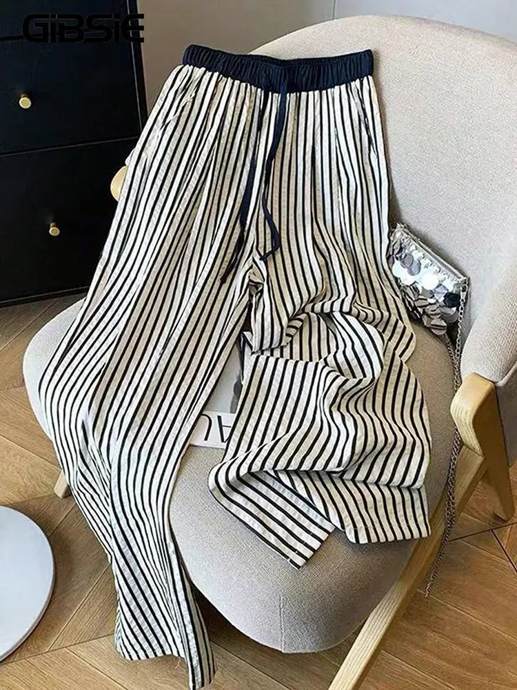 GIBSIE Plus Size Striped Drawstring Wide Leg Pants Women Summer 2026 New Fashion High Waisted All-Match Casual Female Trousers