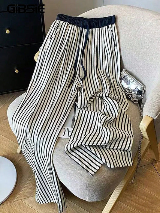 GIBSIE Plus Size Striped Drawstring Wide Leg Pants Women Summer 2026 New Fashion High Waisted All-Match Casual Female Trousers
