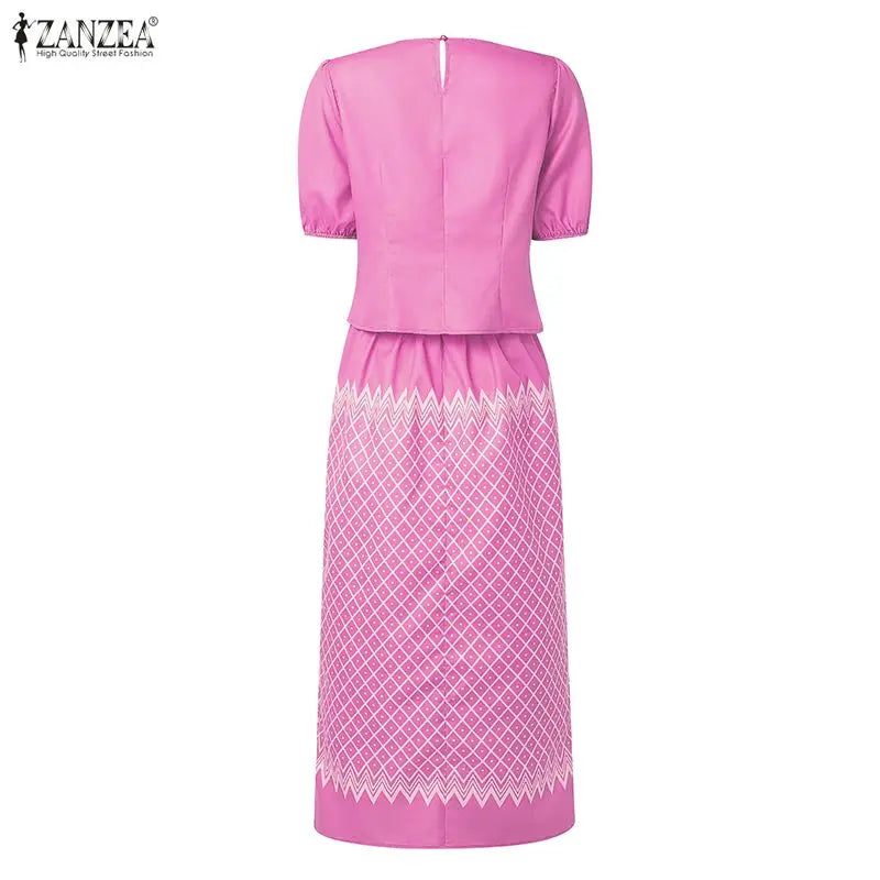 ZANZEA Women 2-Piece Sets Puff Sleeve Solid Crop Top & Geometric Print Maxi Skirt Matching Sets Elegant Date Night Co-ords 3XL