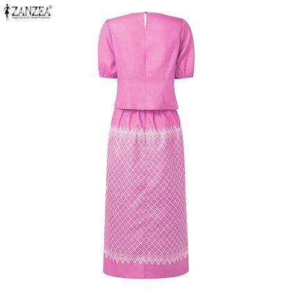 ZANZEA Women 2-Piece Sets Puff Sleeve Solid Crop Top & Geometric Print Maxi Skirt Matching Sets Elegant Date Night Co-ords 3XL