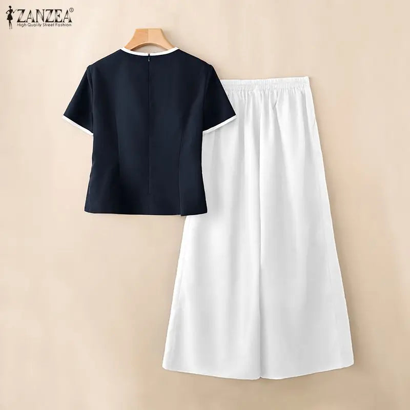 ZANZEA Fashion Summer 2 Pieces Sets Office Outfits 2026 Women Elegant Short Sleeve Blouse Pant Sets Color Blocking Tracksuit
