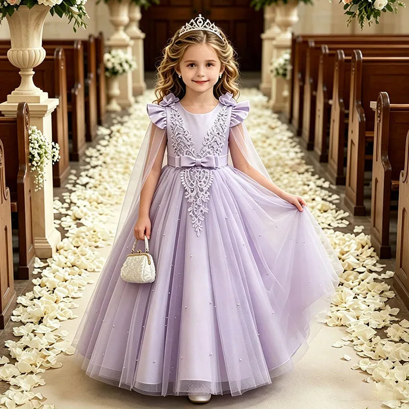 New Lace Bow Shawl Flower Girl Dress with Little Flutter Sleeves for Girls